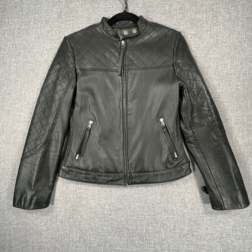 Moda International Leather Moto Jacket Women Small Black Diamond Quilt Biker Zip